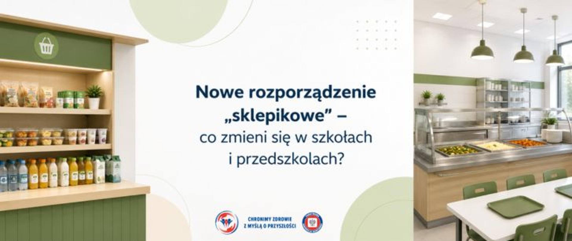 Grafika przedstawia nowoczesne wnętrze szkoły podzielone na dwie części. Po lewej stronie widoczny jest szkolny sklepik z półkami zawierającymi produkty spożywcze, a po prawej - stołówka szkolna z ladą do wydawania posiłków i miejscami do spożywania obiadów. W centralnej części grafiki umieszczono tytuł: „Nowe rozporządzenie sklepikowe - co zmieni się w szkołach i przedszkolach?”. Ilustracja nawiązuje do nowych przepisów dotyczących żywienia dzieci i młodzieży w placówkach oświatowych. Na dole logo Państwowej Inspekcji Sanitarnej wraz z hasłem: Chronimy zdrowie z myślą o przyszłości. 