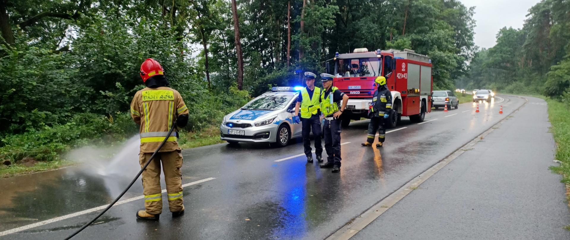 Strażak myje drogę policjanci stoją obok w tle samochód policji i straży pożarnej