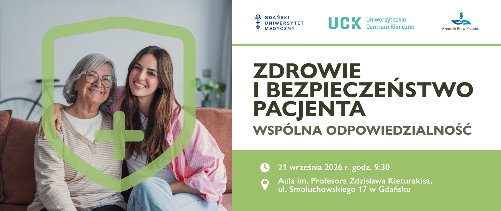 Babcia z córką siedzą na kanapie. Grafiki organizatorów konferencji. 