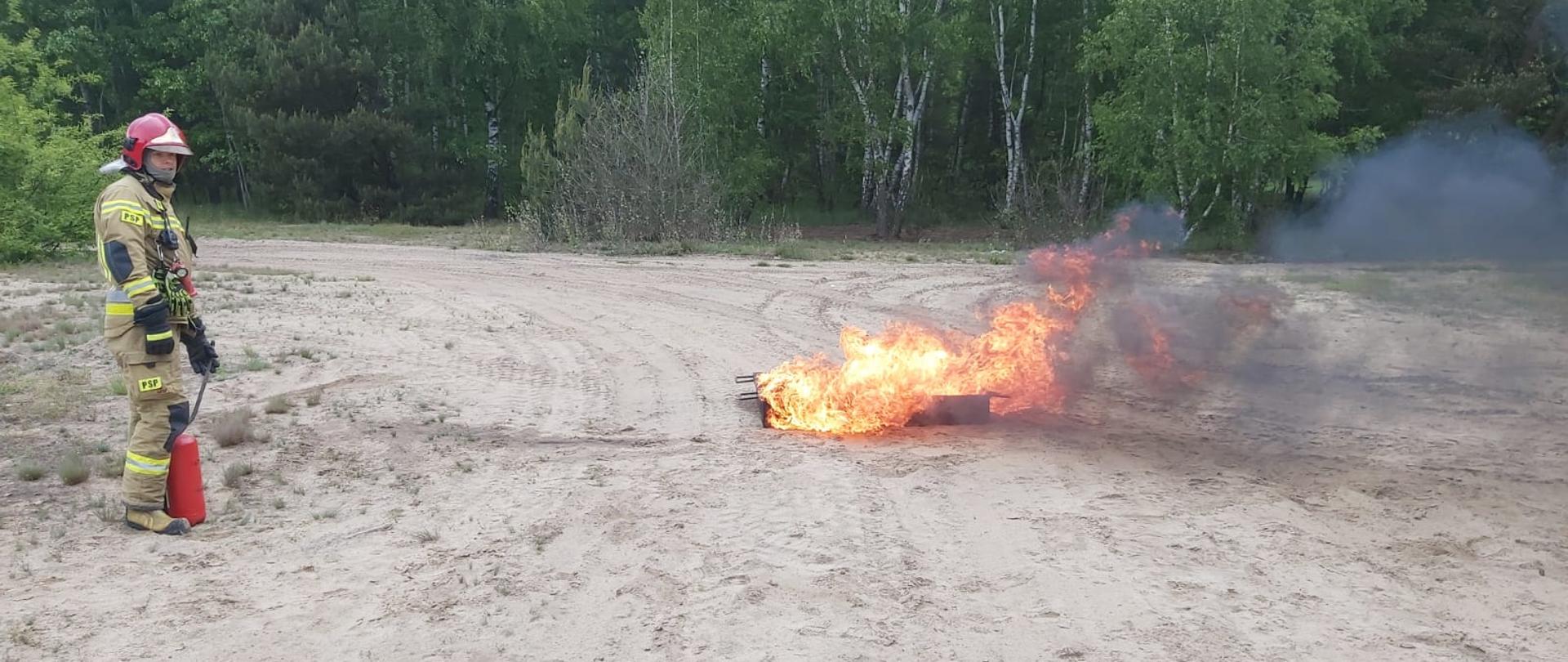 Na zdjęciu strażak PSP zabezpieczony w środki ochrony indywidualnej oraz paląca się ciecz palna w wannie