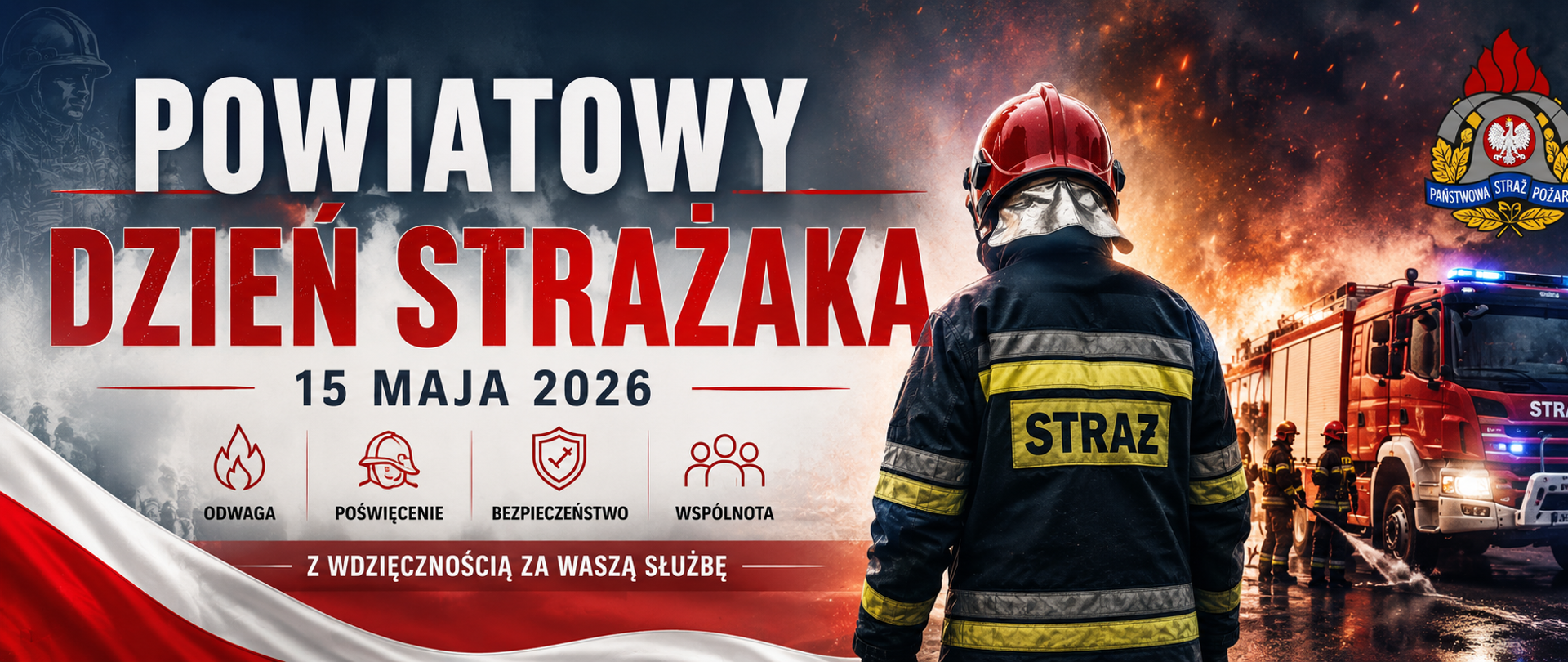 Na grafice widoczny jest uroczysty plakat z okazji Powiatowy Dzień Strażaka. Dominują barwy czerwieni, bieli i granatu, nawiązujące do polskich kolorów narodowych oraz strażackiej symboliki.
Po lewej stronie znajduje się duży napis:
„POWIATOWY DZIEŃ STRAŻAKA”,
a poniżej data: 15 MAJA 2026.
Centralną część obrazu zajmuje strażak stojący tyłem do obserwatora. Ma na sobie pełny strój ochronny i czerwony hełm, a na plecach widoczny jest żółty napis „STRAŻ”. W tle widać intensywny pożar, iskry oraz czerwony wóz strażacki z włączonymi światłami alarmowymi. Obok pojawiają się inni strażacy prowadzący działania gaśnicze.
Na dole plakatu umieszczono cztery symbole z podpisami:
Odwaga
Poświęcenie
Bezpieczeństwo
Wspólnota
Widnieje tam również hasło:
„Z wdzięcznością za Waszą służbę”.
W prawym górnym rogu znajduje się emblemat Państwowa Straż Pożarna, a w lewym dolnym rogu widoczny jest fragment powiewającej polskiej flagi. Całość ma dynamiczny, patriotyczny i podniosły charakter, podkreślający szacunek dla strażaków i ich służby.