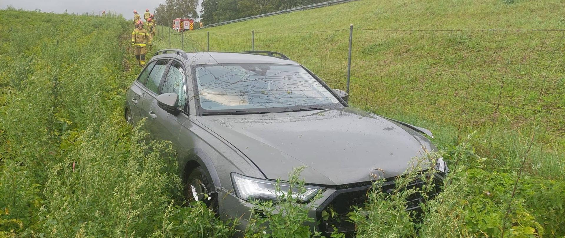 Uszkodzony szary samochód osobowy znajduje się w głębokim, zarośniętym rowie przy drodze. Pojazd ma uszkodzony przód i stoi tuż obok metalowego ogrodzenia. Na skarpie w tle widoczni są strażacy oraz samochód ratowniczy.