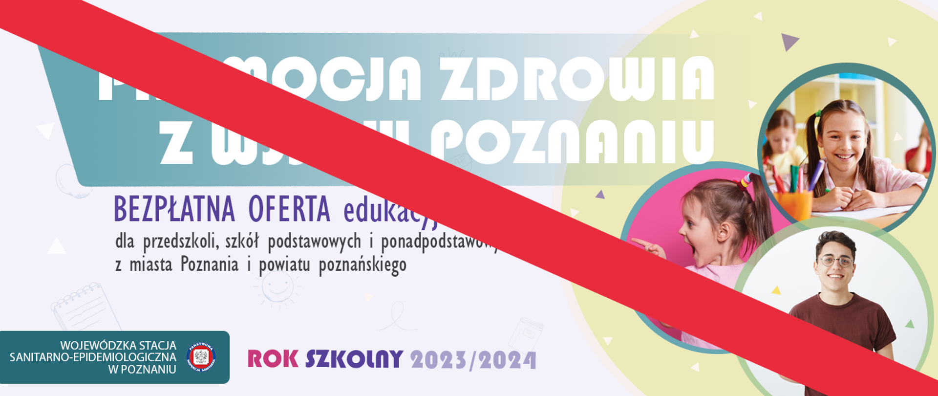 baner informacyjny dotyczący oferty edukacyjnej wsse w poznaniu, w tle zdjęcia dzieci, baner przekreślony 