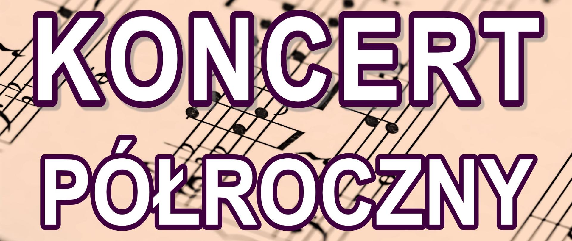 Afisz informujący o koncercie półrocznym uczniów ZPSM w Bochni. Jasne tło z elementami zapisu nutowego i klawiatury fortepianu, u góry logo ZPSM w Bochni, poniżej białymi literami napis:,, Koncert Półroczny uczniów Zespołu Państwowych Szkół Muzycznych w Bochni’’, na dole napis:,, Sala Koncertowa ZPSM w Bochni, 17 stycznia 2025 godz. 17:00.