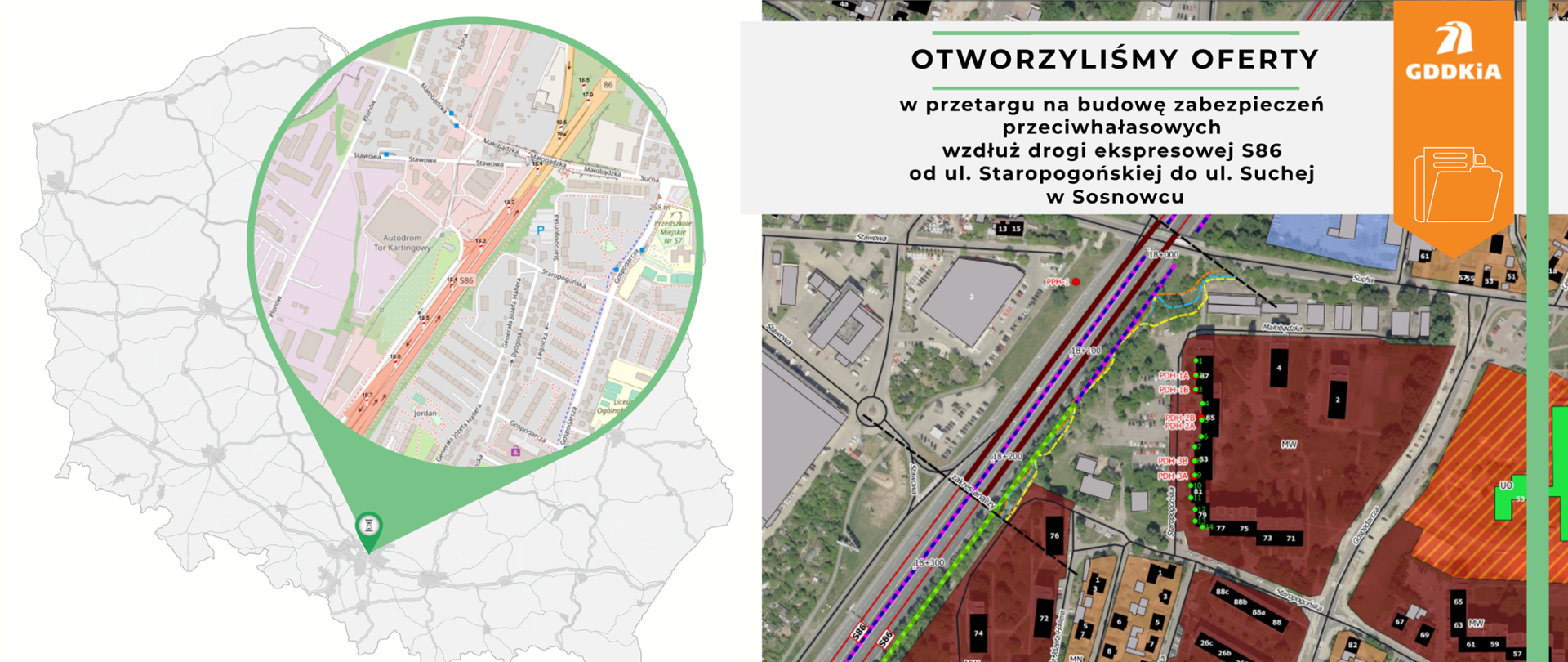 Zaprojektowanie budowy zabezpieczeń przeciwhałasowych wzdłuż drogi ekspresowej S86 od ul. Staropogońskiej do ul. Suchej w Sosnowcu