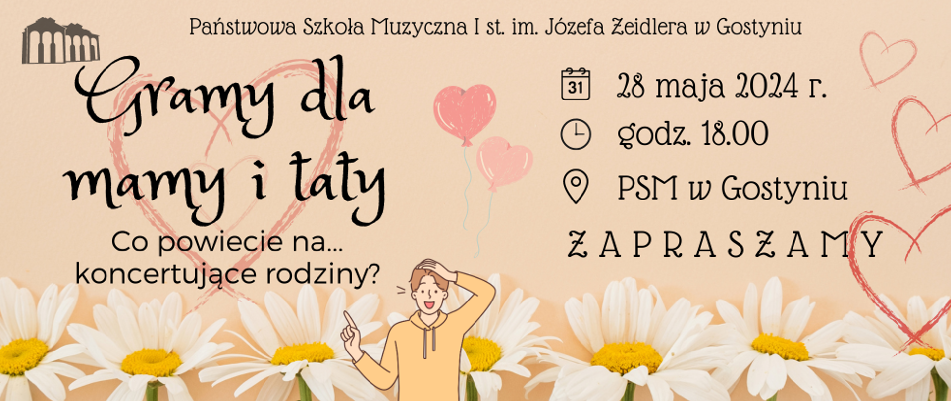 Plakat promujący koncert Gramy dla mamy i taty - udział koncertujących rodzin. Całość na żółto pastelowym tle ze storkotkami na dole.