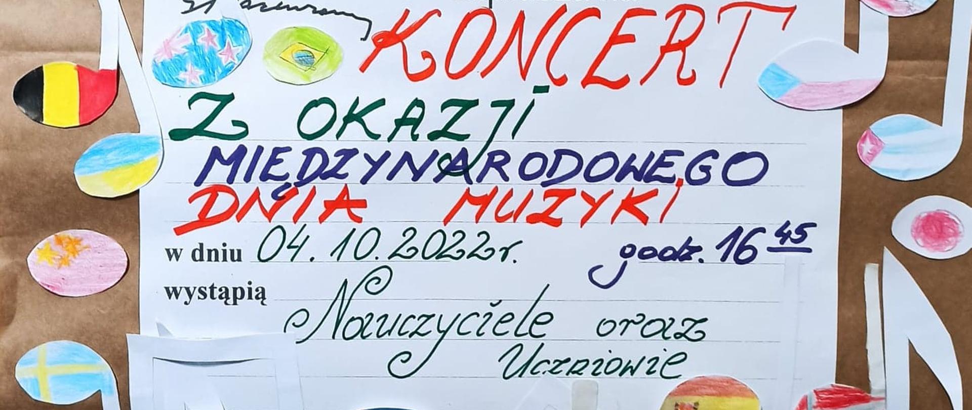 zdjęcie przedstawia zaproszenie na koncert uczniów szkoły muzycznej pierwszego stopnia z okazji międzynarodowego dnia muzyki, opatrzone nutkami w kolorze flag państw z różnych krajów.