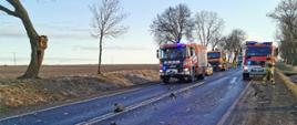 Na zdjęciu miejsce zdarzenia drogowego. Widoczne są dwa samochody ratowniczo- gaśnicze straży pożarnej. 