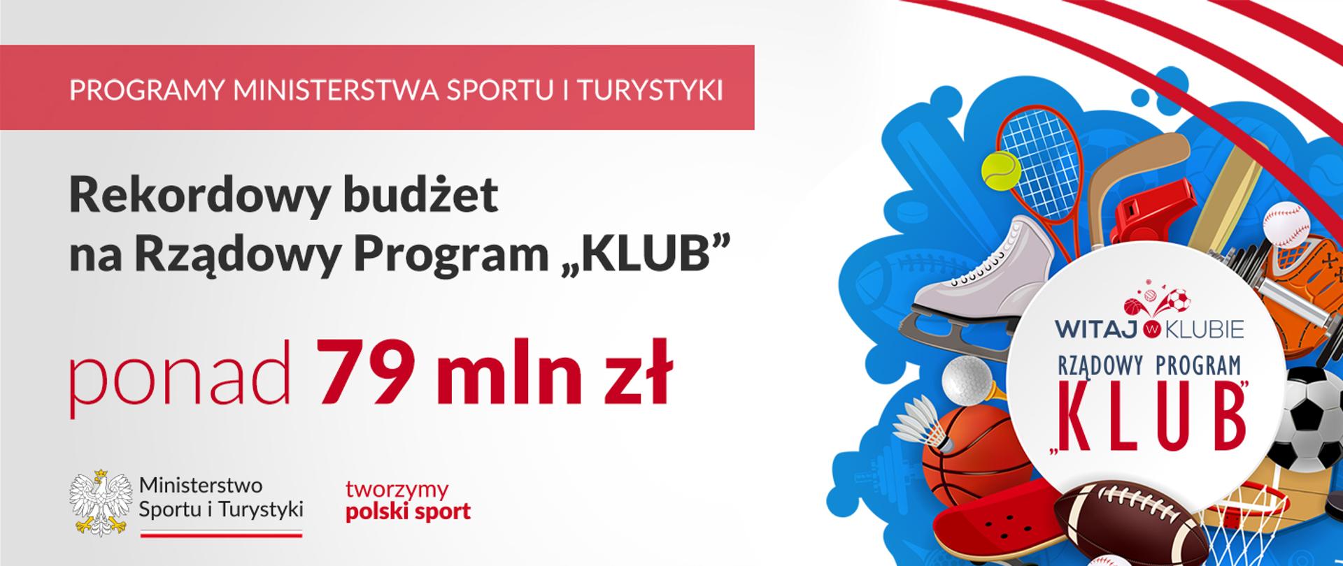 Na górze grafiki widnieje biały napis na czerwonym tle o treści Programy Ministerstwa Sportu i Turystyki. Pod tym napisem znajduję się kolejny: Rekordowy budżet na Rządowy Program „KLUB”, ponad 79 mln zł. Napisy znajdują się po lewej stornię, a z prawej strony grafiki widnieją trzy czerwone łuki pod którymi widnieją grafiki sprzętu do różnych dyscyplin taki jak: łyżwa, rakieta, kosz, lotka i tym podobne. 