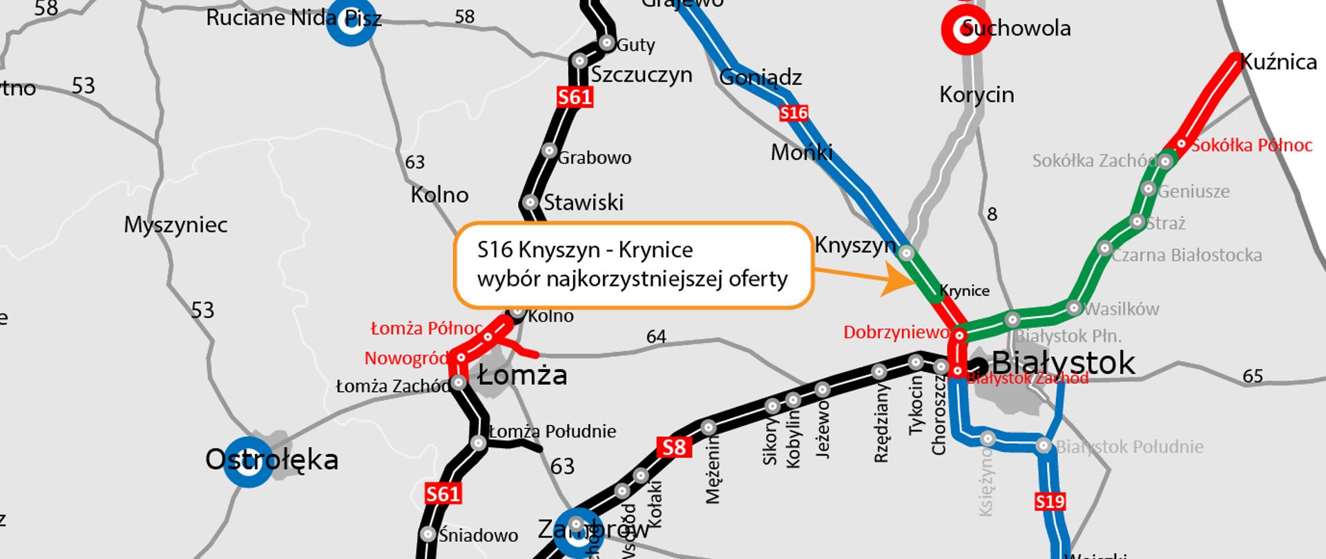 Mapa północno - wschodniej Polski z siecią dróg i etapem prac na jakim się znajdują. 