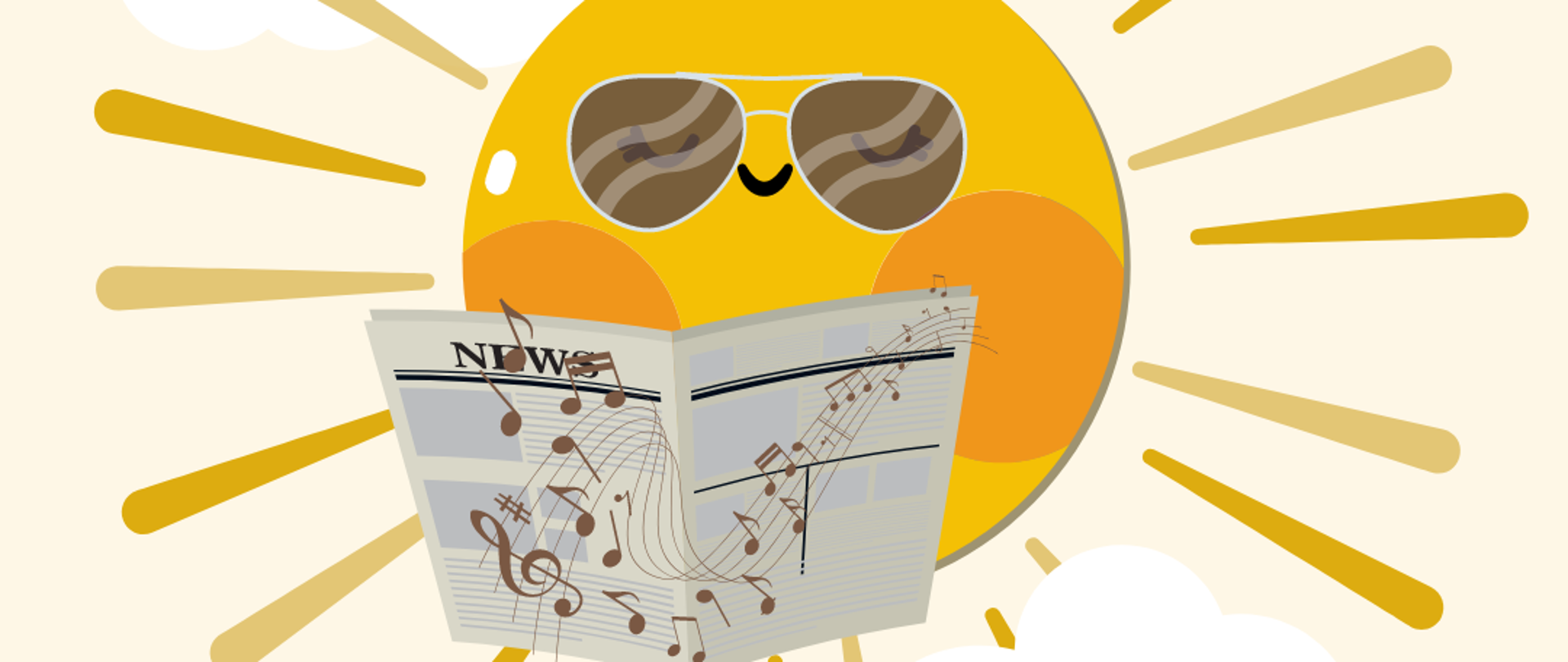 Beżowe tło plakatu, pośrodku słońce w okularach, książka z nutkami i białe chmurki. Na dole znajduje się brązowy napis.