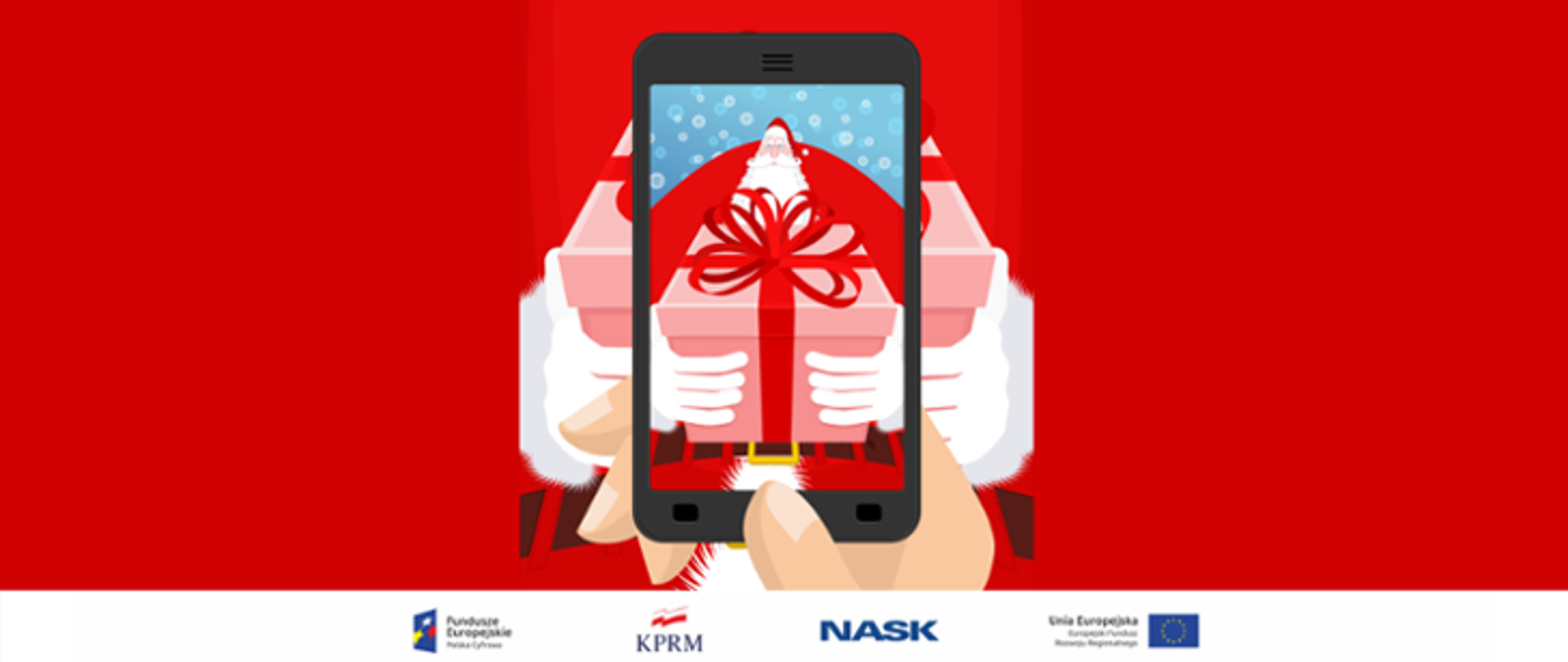 Grafika wektorowa na czerwonym tle. Na pierwszym planie trzymany w ręku smartfon, na ekranie którego widać św. Mikołaja trzymającego zapakowany prezent.