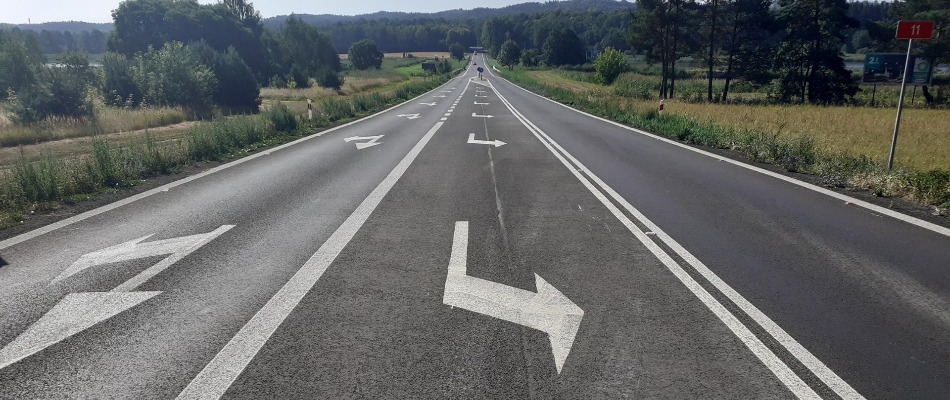 W centralnym miejscu widoczna droga z pasami ruchu. Z prawej strony pas bez oznakowania poziomego. Z prawej strony pas z oznakowaniem poziomym jazdy na wprost oraz skrętem w prawo. Na środku widoczny pas do lewoskrętu W oddali widoczne drzewa oraz jadące na wprost samochody. 