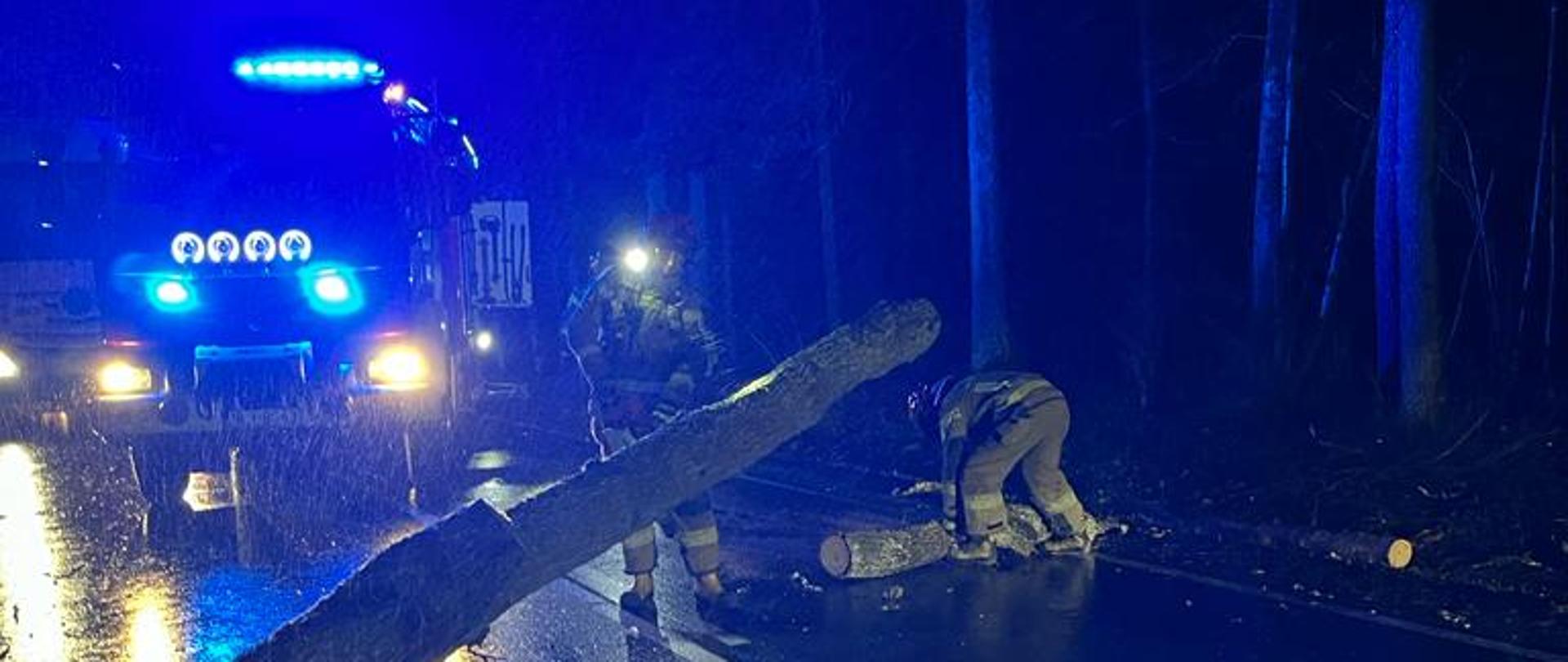 Zdjęcie przedstawia strażaków usuwających skutki silnego wiatru na drodze krajowej DK51