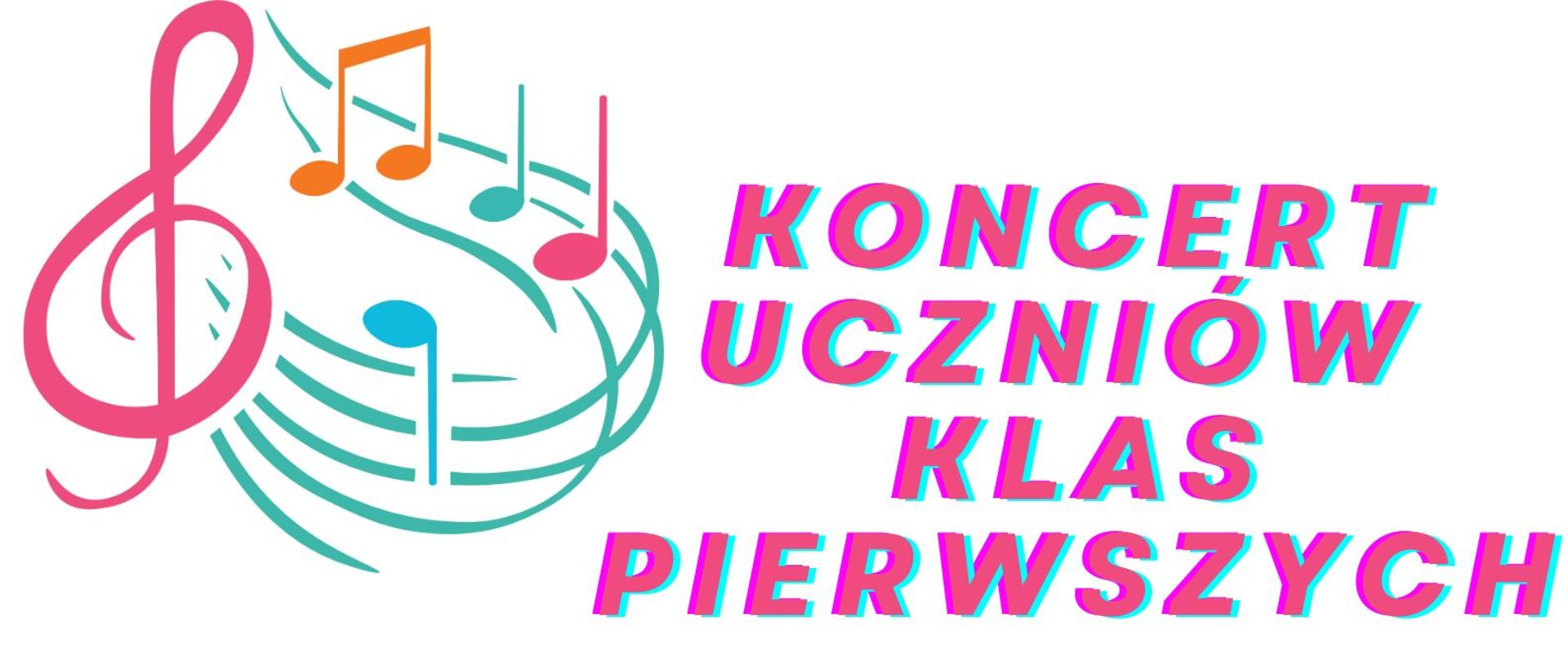 Zdjęcie przedstawia zaproszenie na koncert uczniów klas pierwszych, na grafice grupa dzieci grająca na instrumentach w tle klucz wiolinowy i pięciolinia. 