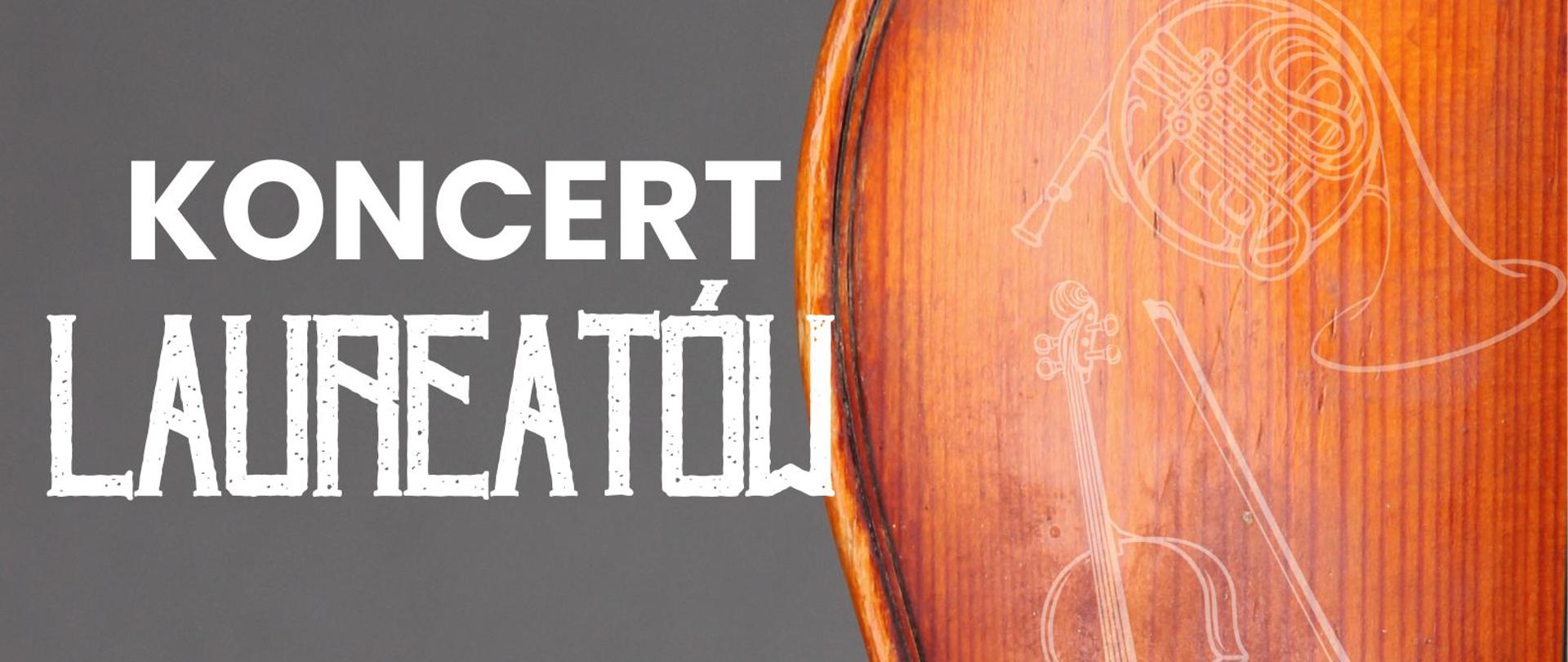 na szarym tle skrzypce i delikatne rysunki instrumentów (waltornia, saksofon i wiolonczela)
na dole logotypy sali koncertowej, szkoły muzycznej i Unii Europejskiej. Białe napisy ze szczegółami koncertów.