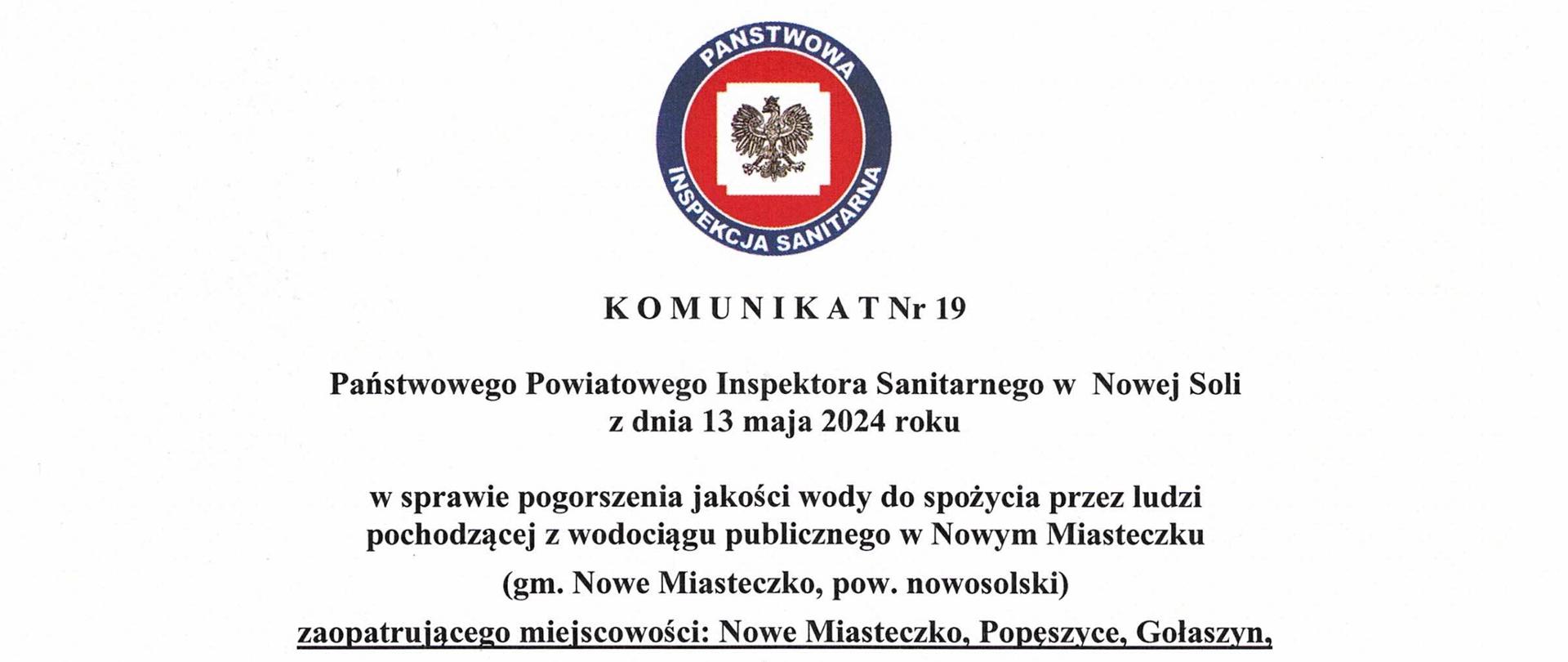 Komunikat nr 19 pogorszenie jakości wody Nowe Miasteczko