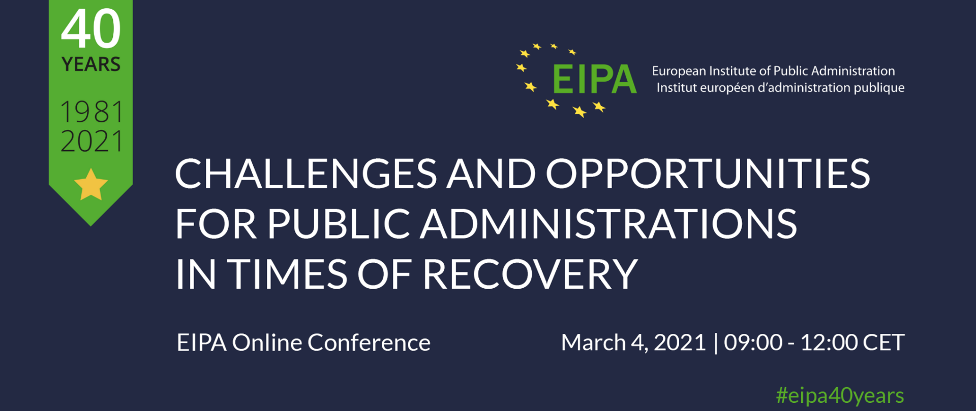 Grafika prezentująca konferencję EIPA - biały napis po angielsku na granatowym tle. 