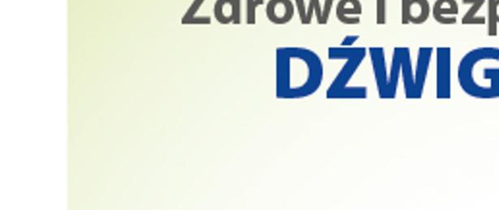 Plakta o tytule Zdrowe i bezpieczne miejsce pracy Dźwigaj z głową. Jasno zielone tło, przedstawiono postacie wykonujące różne zawody. Poniżej odesłanie do strony www.healthy-workspace.eu
