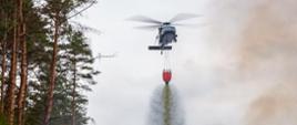 Na zdjęciu widzimy gaszenie pozorowanego pożaru lasu z wykorzystaniem zbiornika na wodę podwieszonego do śmigłowca.