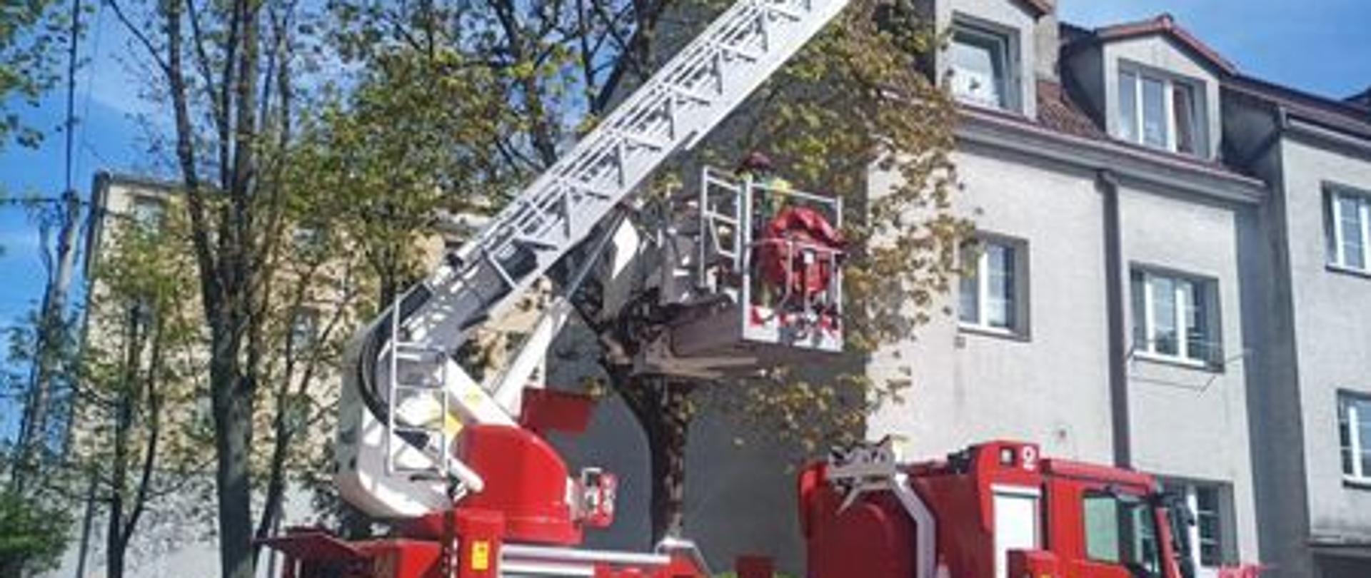 Na zdjęciu znajduje się podnośnik hydrauliczny z rozłożonym ramieniem, w tle widać drzewa i budynki