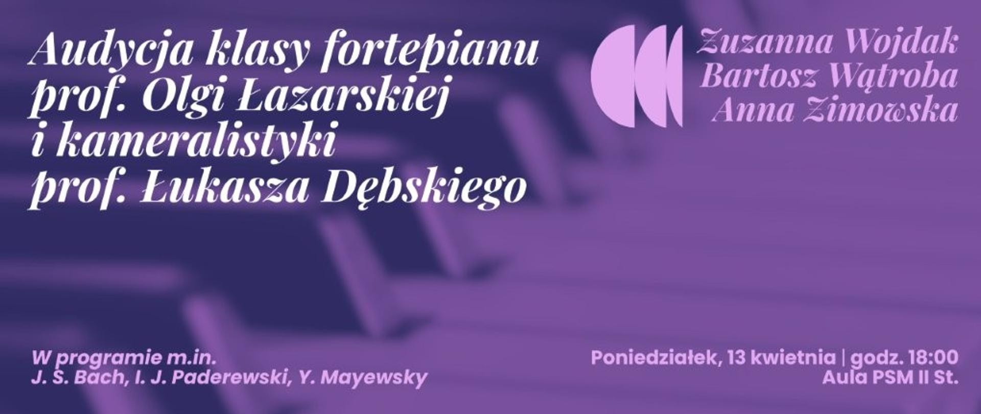 w tle fioletowe zdjęcie klawiatury fortepianu na każdym z rogów fioletowo-białe napisy informujące o wydarzeniu