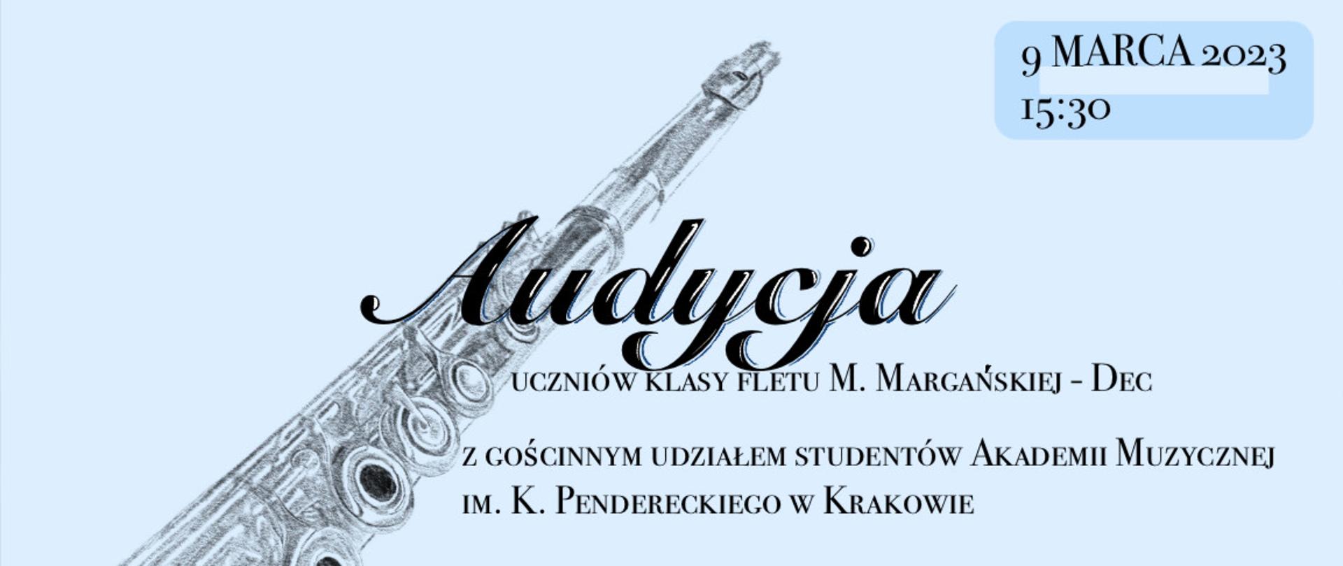 na niebieskim tle flet i napis Audycja uczniów klasy fletu 9 marca 2023