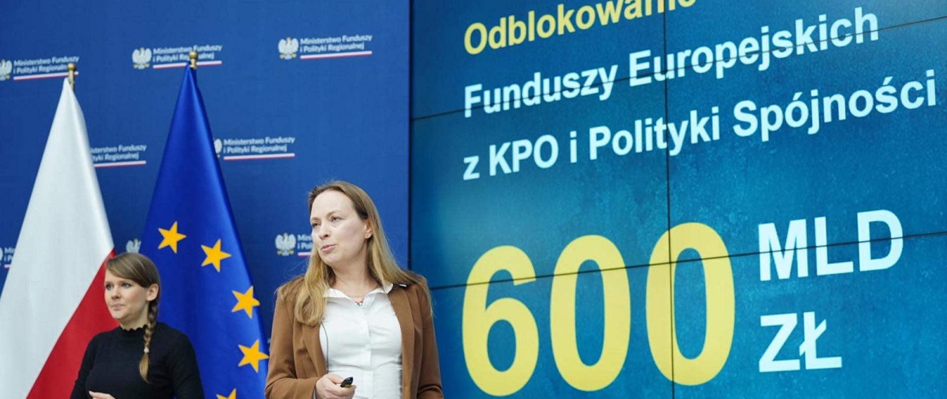 Minister funduszy i polityki regionalnej Katarzyna Pełczyńska-Nałęcz stoi na tle grafiki informującej o odblokowaniu Funduszy Europejskich z KPO i Polityki Spójności