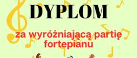 Dyplom za wyróżniający akompaniament dla Pani Karoliny Skrzypczyńskiej. Zdjęcie zawiera graficzny rysunek nut na jasnym tle.