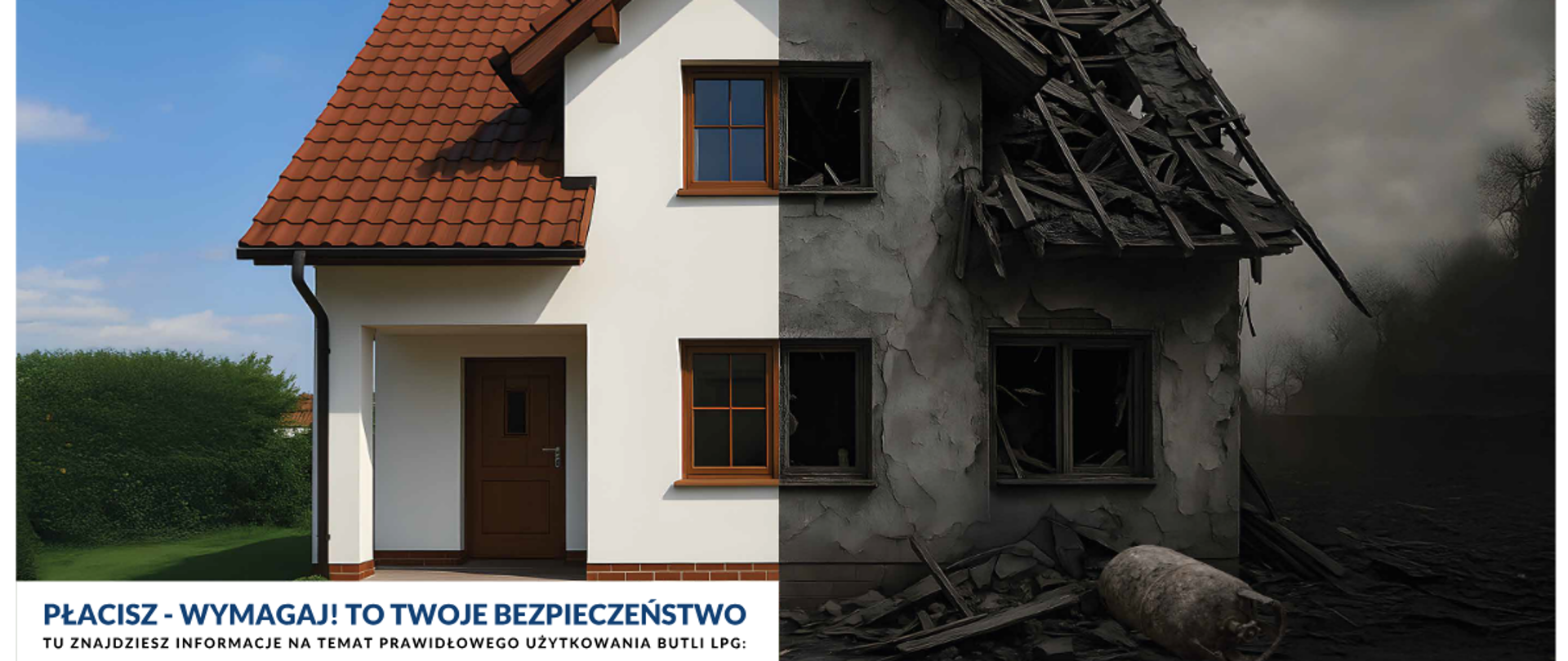 Zdjęcie przedstawia dom podzielony na dwie części. Lewa część domu jest nieuszkodzona, natomiast prawa zniszczona, wybuchem butki gazowej.