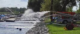 Na zdjęciu widoczne stojące tuż przy nabrzeżu, na trawniku działko gaśnicze w kolorze stalowym na kołach, z którego wyrzucane są strumienie rozproszonej wody. Za nim przyczepka z wieloma podłączonymi wężami białymi, zielonymi. W tle kolejne strumienie rozproszonej wody, pokryte roślinnością drzewa i zachmurzone niebo. Po lewej stronie zdjęcia pomost i stojące łódki.