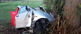 Wypadek Stare Bojanowo. Rozbity samochód osobowy, który uderzył w drzewo. Za nim czerwony parawan ochronny, zasłaniający miejsce zdarzenia. W tle drzewa i pola.