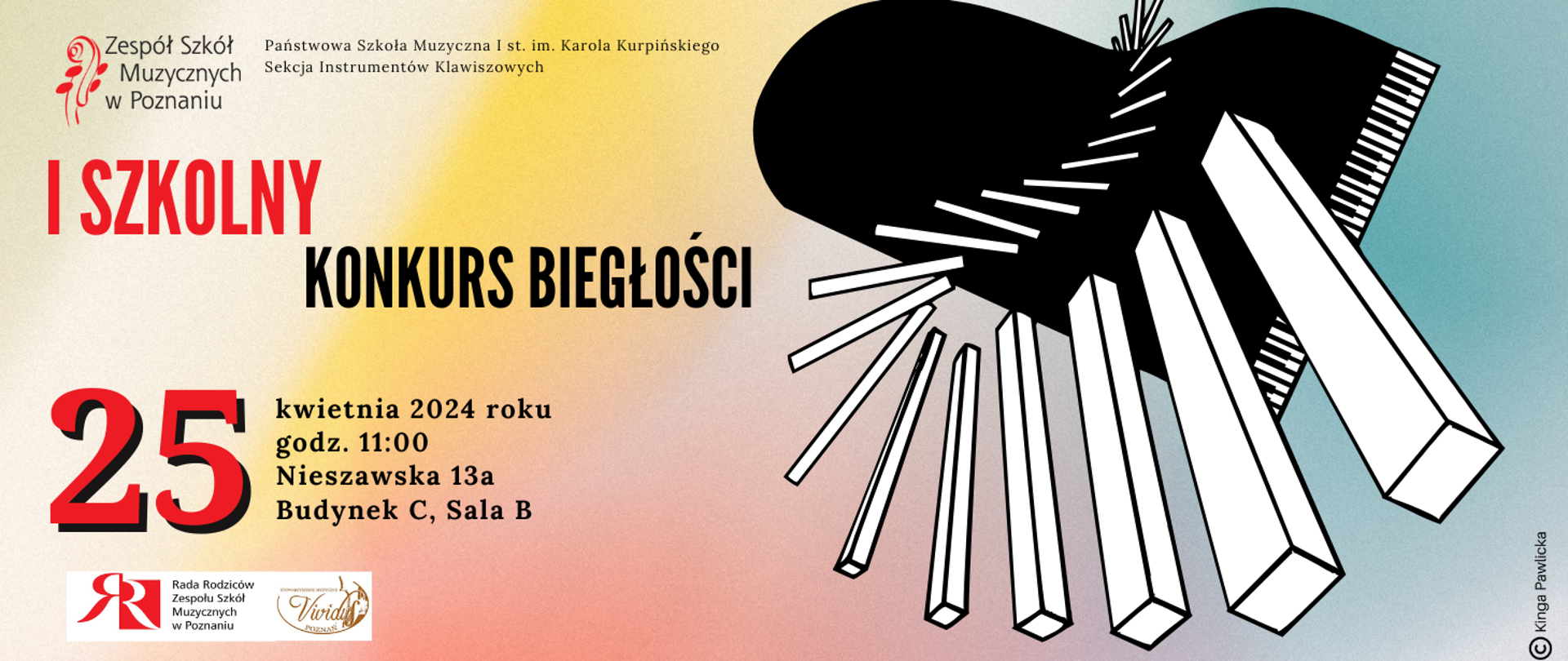 Plakat na pastelowym tle z grafiką fortepianu. U góry logo ZSM. I SZKOLNY KONKURS BIEGŁOŚCI, 25 kwietnia 2024 roku, godz. 11:00, Nieszawska 13a, Budynek C, Sala B