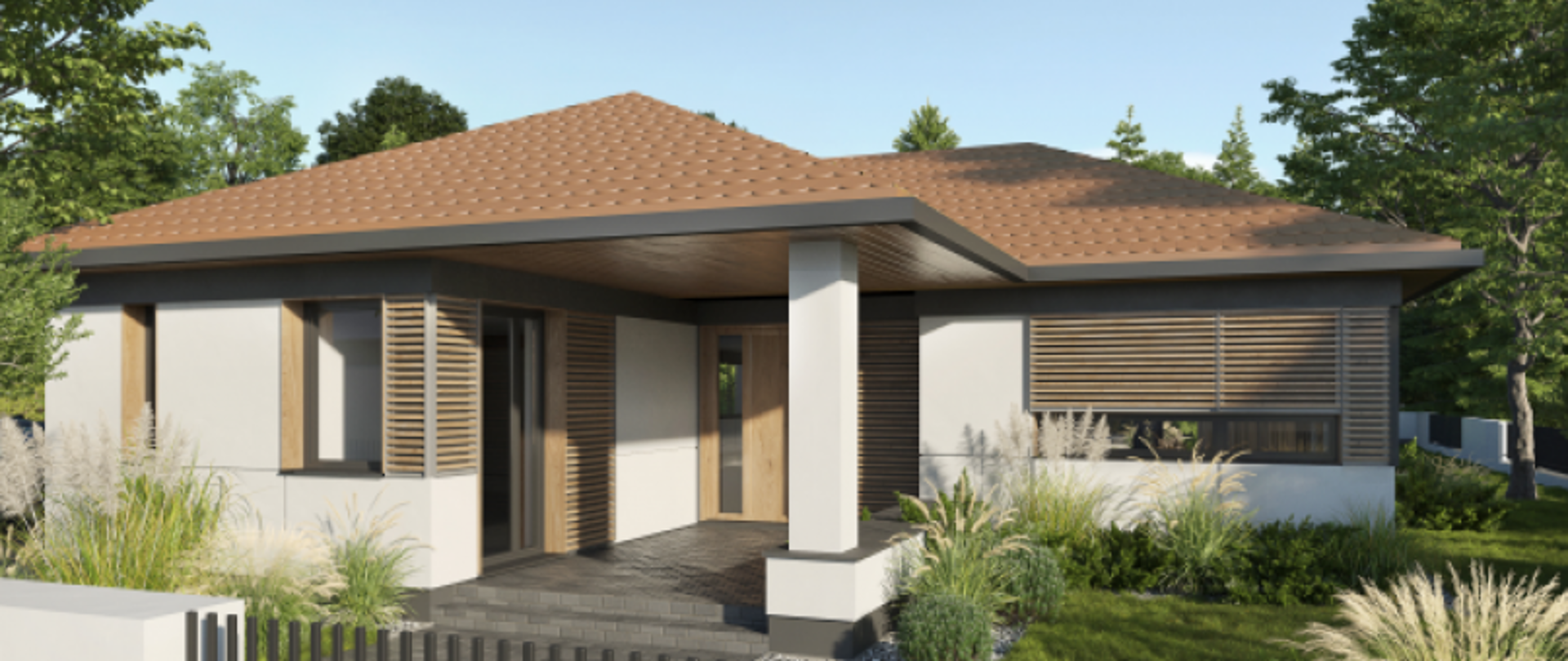 Parterowy dom z dużymi oknami, brązowym dachem i zielonym otoczeniem.