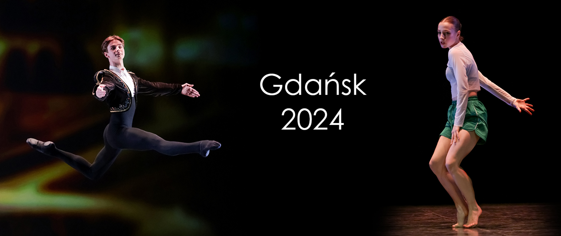 Ciemne, czarne tło, po lewej stronie tancerz po prawej tancerka w świetle sceny.