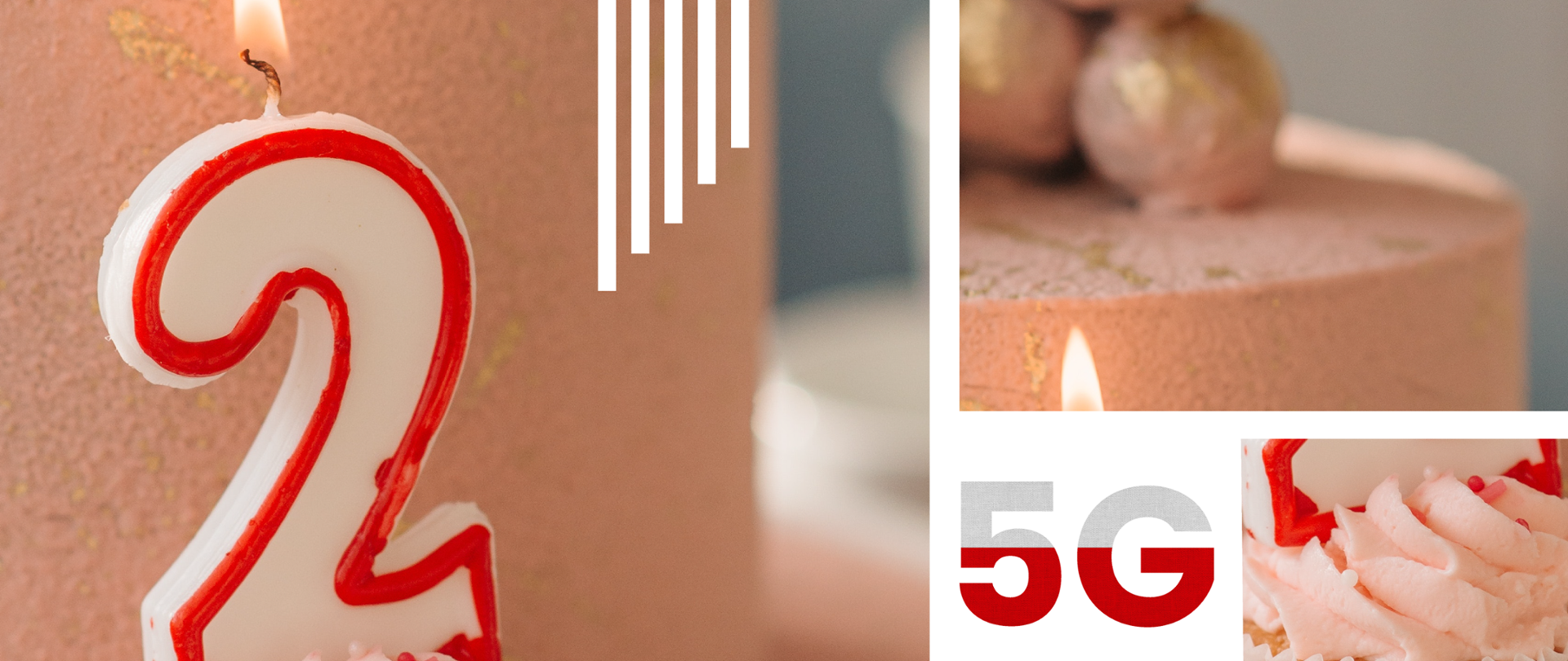 Grafika ze zdjęciami tortu ze świeczka w kształcie cyfry 2 i napisem 5G w kolorach białym i czerwonym.