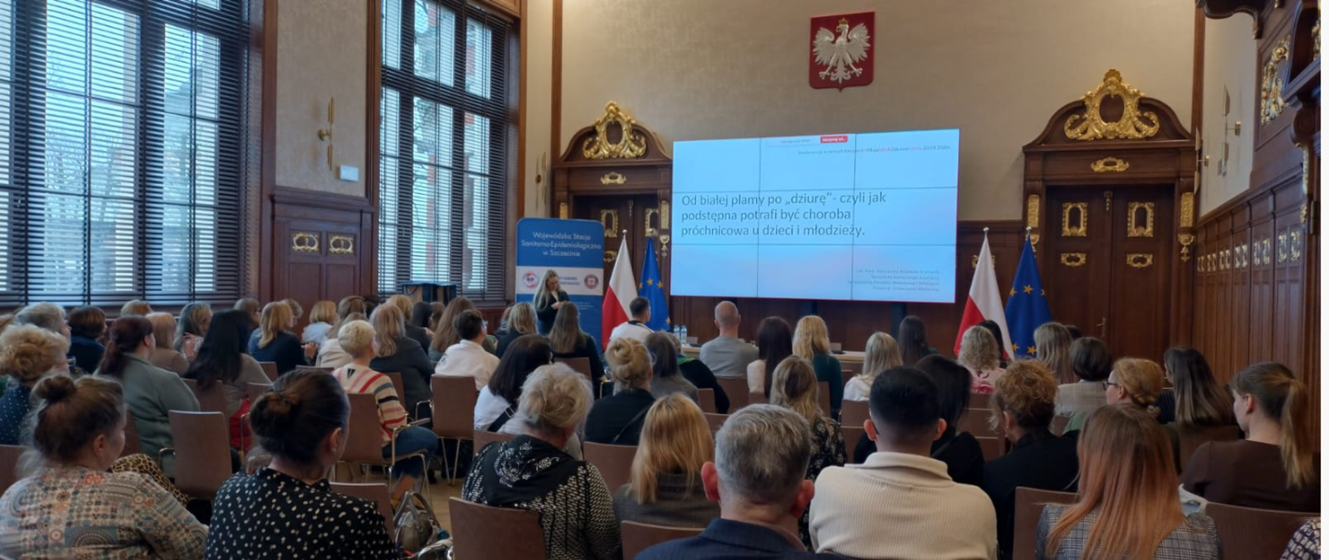 Widok z sali konferencyjnej, osoby prowadzące wystąpienie oraz uczestnicy siedzący na
krzesłach.