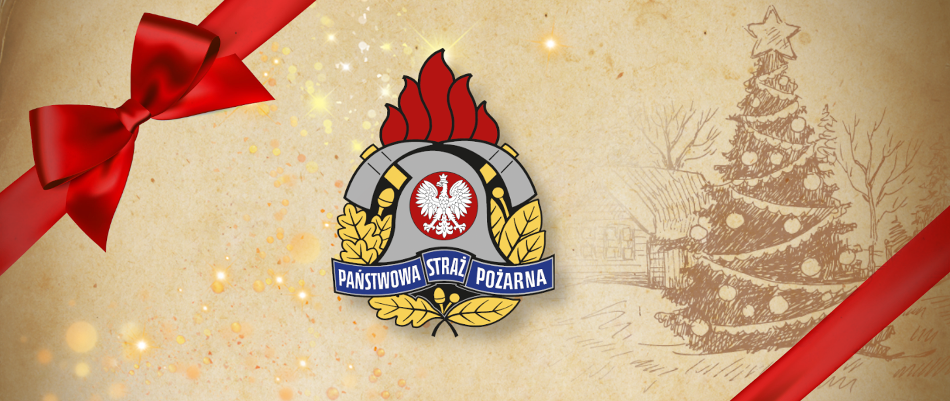 Grafika świąteczna z logo PSP. Tło grafiki w odcieniach beżu, po prawej stronie choinka bożonarodzeniowa. Centralnie umieszczone logo PSP w wersji kolorowej. W prawym dolny i lewym górnym rogu czerwona wstążka z kokardą.