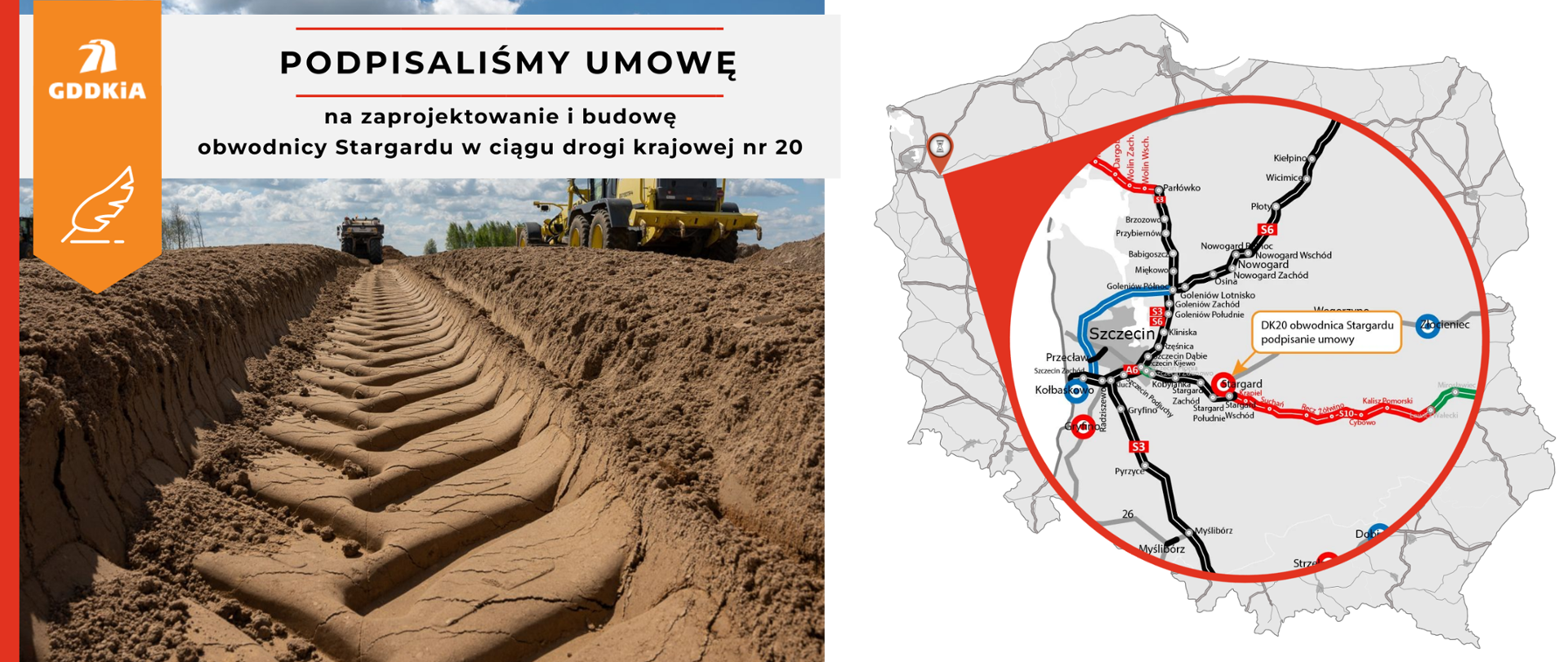 Kompozycja dwóch oddzielnych elementów. Po lewej stronie znajduje się zdjęcie, które ukazuje zbliżenie na głębokie ślady opon w piasku. W tle pracują maszyny budowlane. Po prawej stronie widnieje mapa Polski z zaznaczoną czerwoną linią trasą, wskazującą obwodnicę Stargardu. 