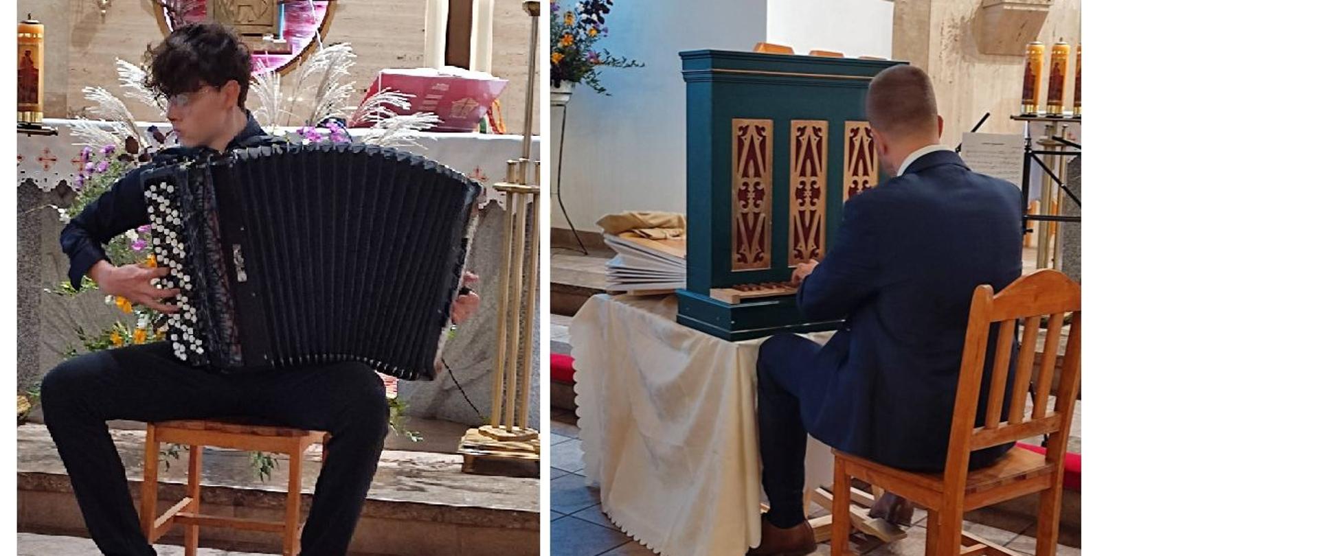 Zdjęcie kolorowe: Kolaż złożony z dwóch ujęć: po lewej stronie osoba siedząca na drewnianym stołku i grająca na akordeonie, ubrana w czarną koszulę i czarne spodnie, tło stanowiące wnętrze kościoła z ołtarzem ozdobionym kwiatami; po prawej stronie osoba siedząca tyłem na drewnianym krześle i grająca na przenośnym organie, ubrana w ciemny garnitur, instrument w kolorze turkusowym ze złotymi zdobieniami, tło stanowiące wnętrze kościoła z ołtarzem.