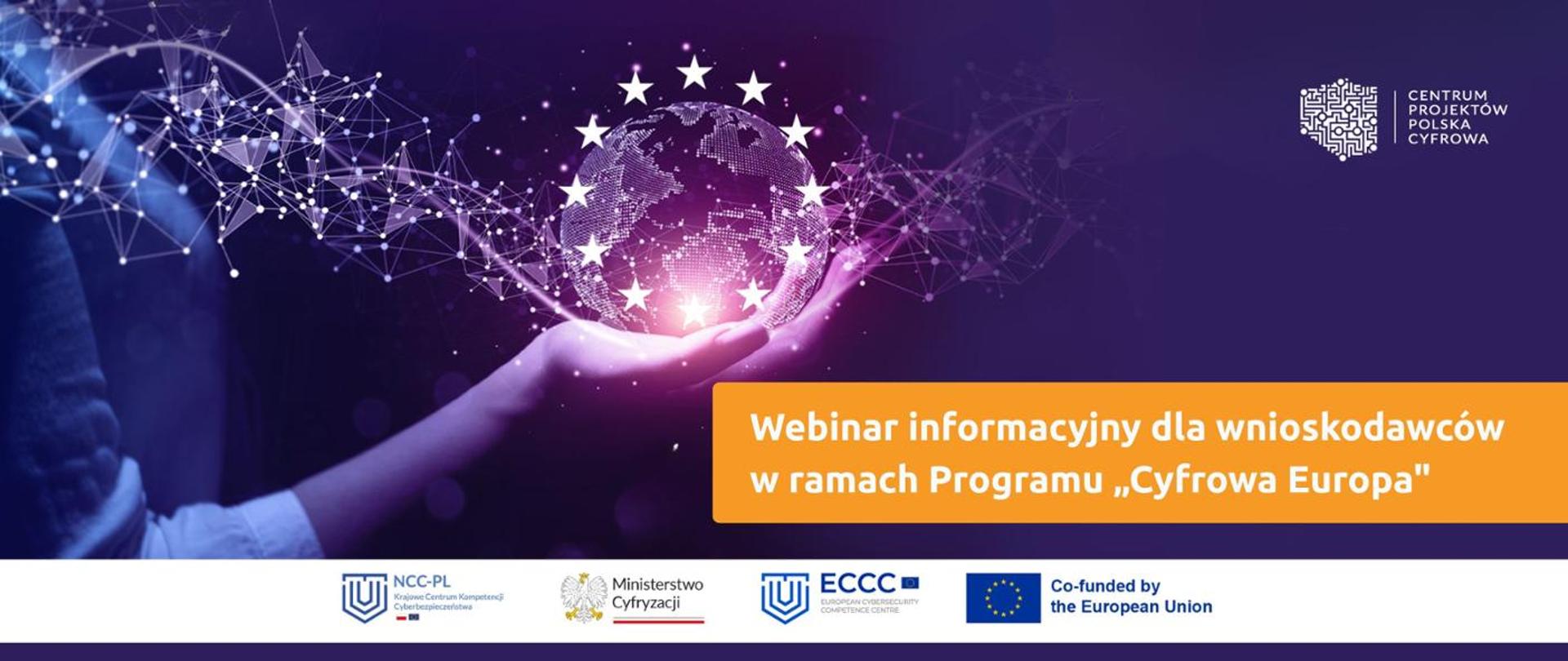 Grafika przedstawia rękę trzymającą cyfrowy glob na ciemnym, granatowym tle. Na grafice widnieje napis "Webinar informacyjny dla wnioskodawców w ramach Programu "Cyfrowa Europa"" oraz logotypy NCC-PL, Ministerstwa Cyfryzacji, ECCC, Co-funded by the European Union oraz CPPC