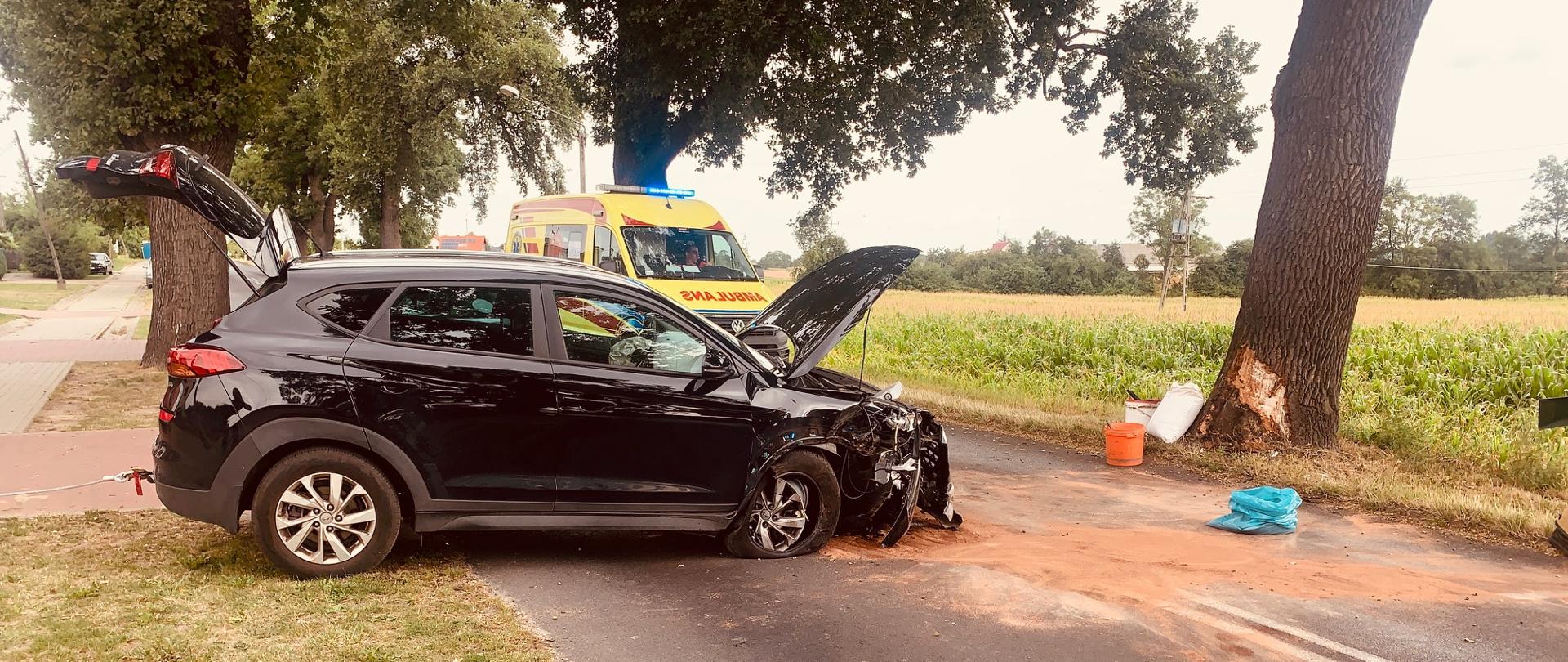 Samochód osobowy koloru czarnego stoi w poprzek drogi. Po prawej stronie obdarte drzewo, w które uderzył samochód osobowy. W tle karetka pogotowia i kukurydza na pobliskim polu