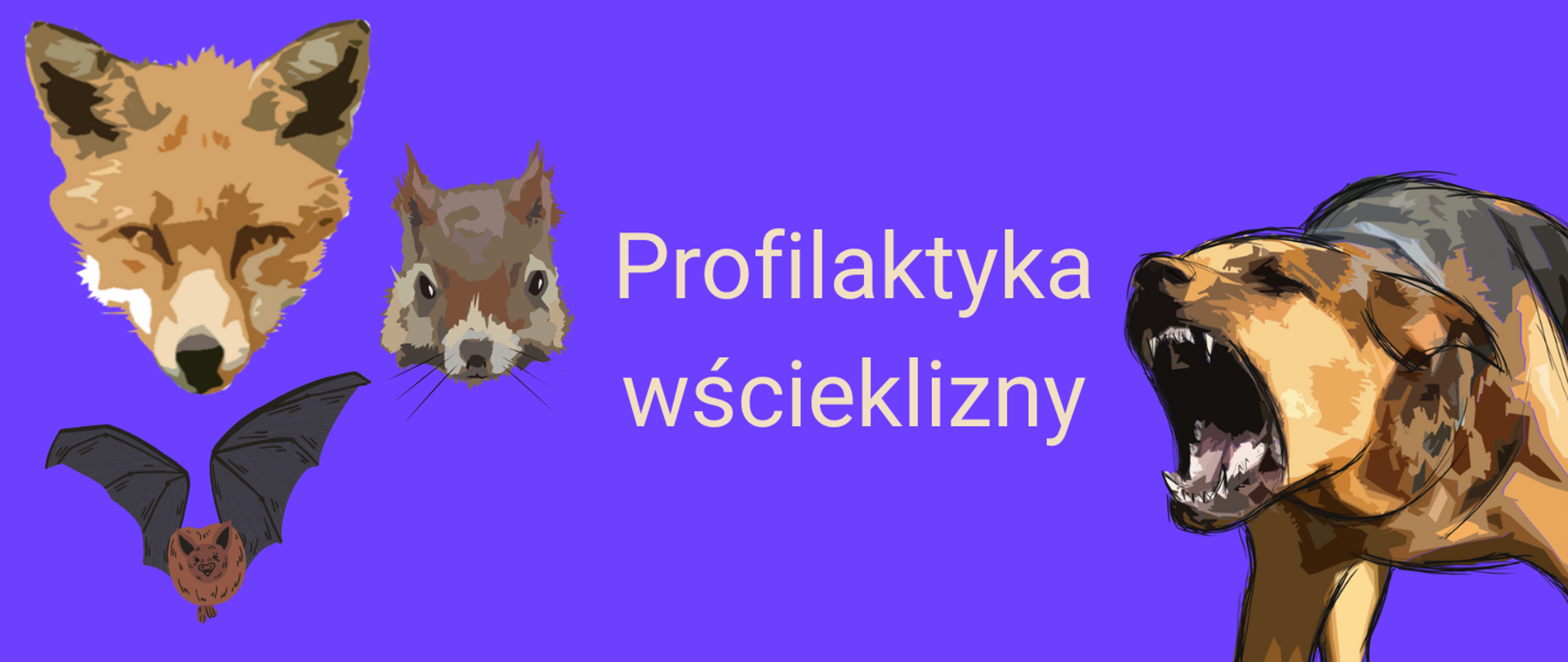 jasnofioletowe tło, po lewej stronie rysunki postaci dziko żyjących zwierząt - rezerwuarów wirusa wścieklizny (lis, wiewiórka, nietoperz), pośrodku napis: Profilaktyka wścieklizny, po prawej stronie rysunek agresywnego psa (który może być chory na wściekliznę)