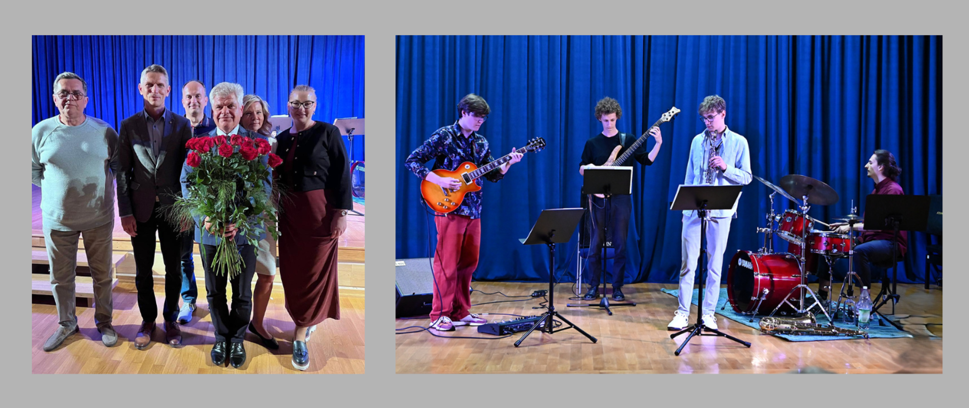po lewej zdjęcie czterech osób stojących przed sceną, jedna z nich trzyma bukiet róż, po lewej zdjęcie kwartetu jazzowego podczas koncertu na scenie, za nimi niebieska kotara