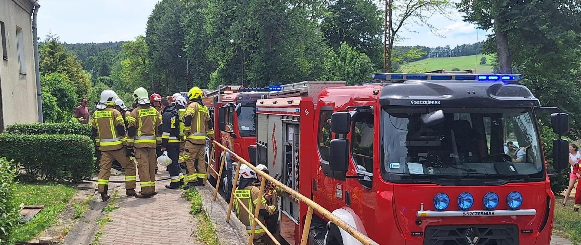 na ulicy stoją czerwone pojazdy pożarnicze, na chodniku stoją strażacy