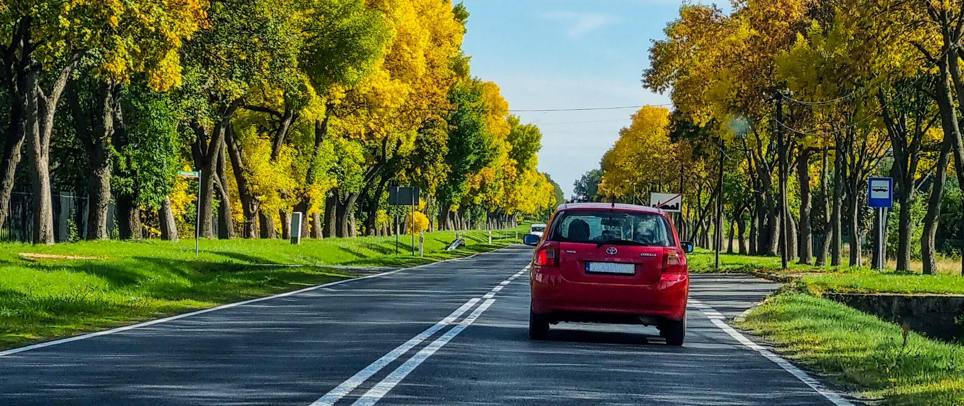 Droga jednojezdniowa w otoczeniu drzew w jesiennym słonecznym klimacie. Na drodze czerwony samochód osobowy.