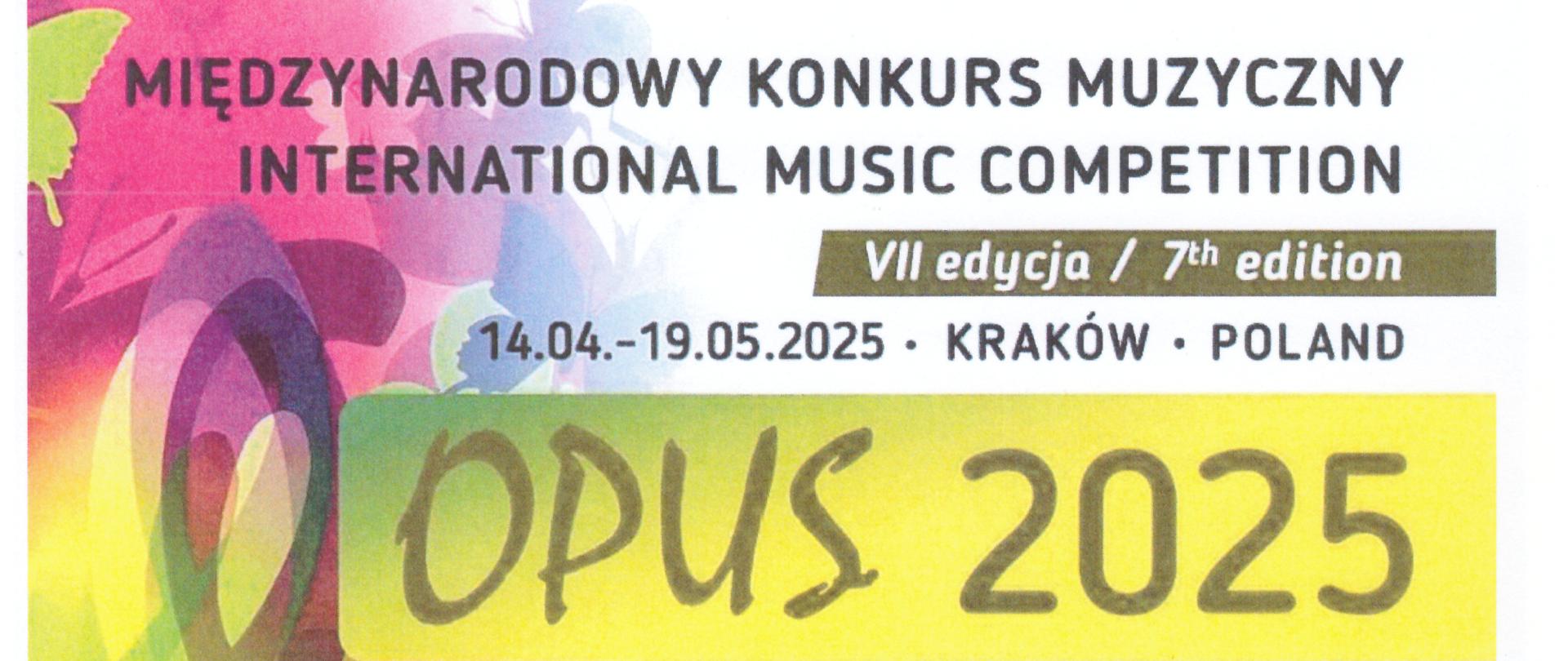 Dyplom z Międzynarodowego Konkursu Muzycznego "OPUS" w Krakowie, przyznający 3 miejsce Piotrowi Gajgierowi w kategorii klarnet. Kolorowe tło z nutami i kluczem wiolinowym.