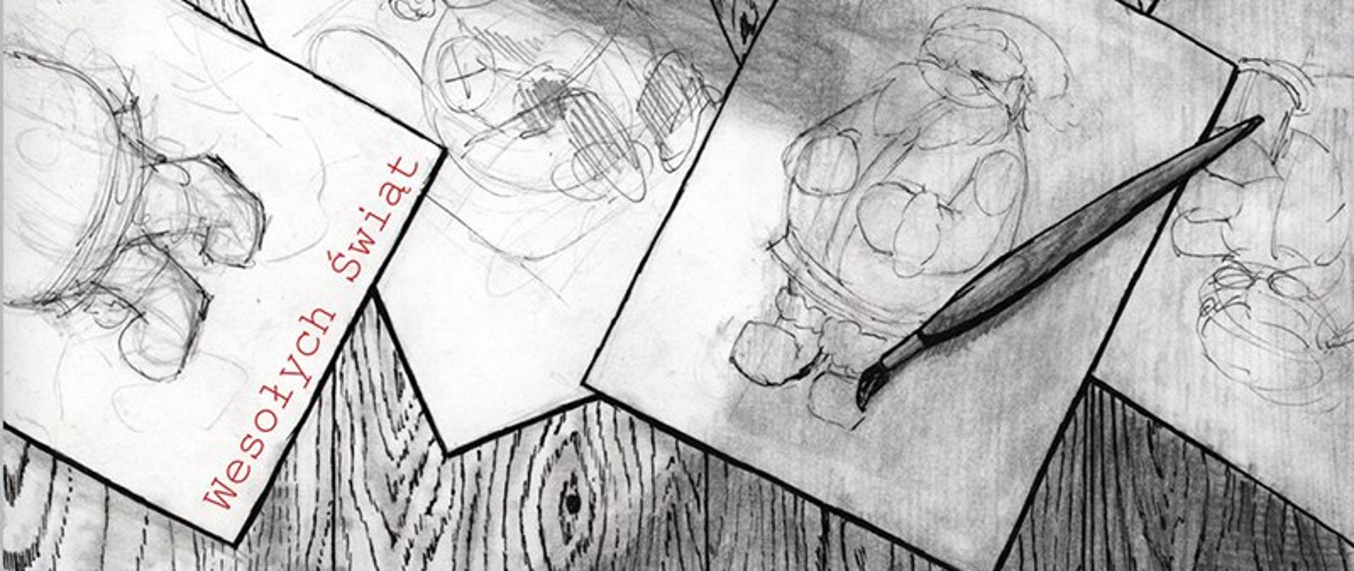 Grafika czarno-biała przedstawia prace rysunkowe i napis Wesołych Świąt.