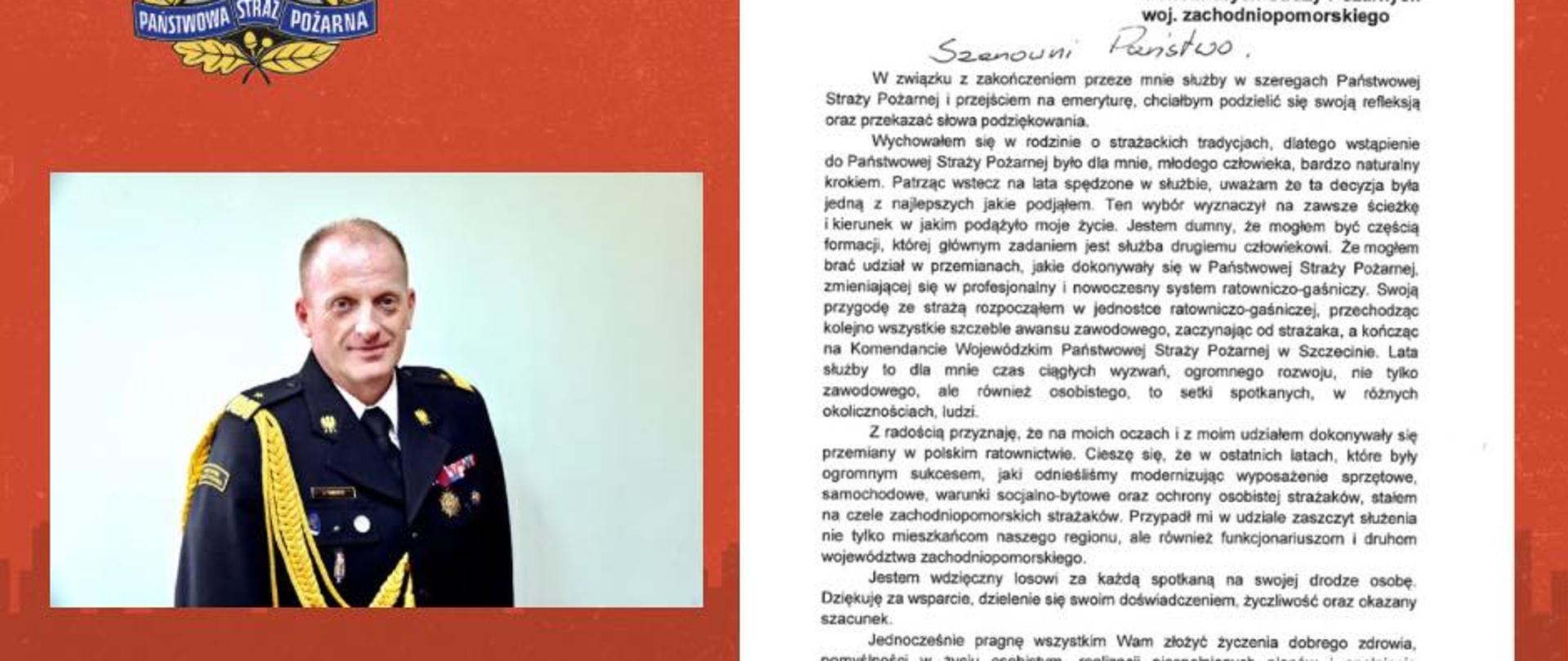 List Zachodniopomorskiego Komendanta Wojewódzkiego Państwowa Straż Pożarna nadbrygadiera Jarosława Tomczyka