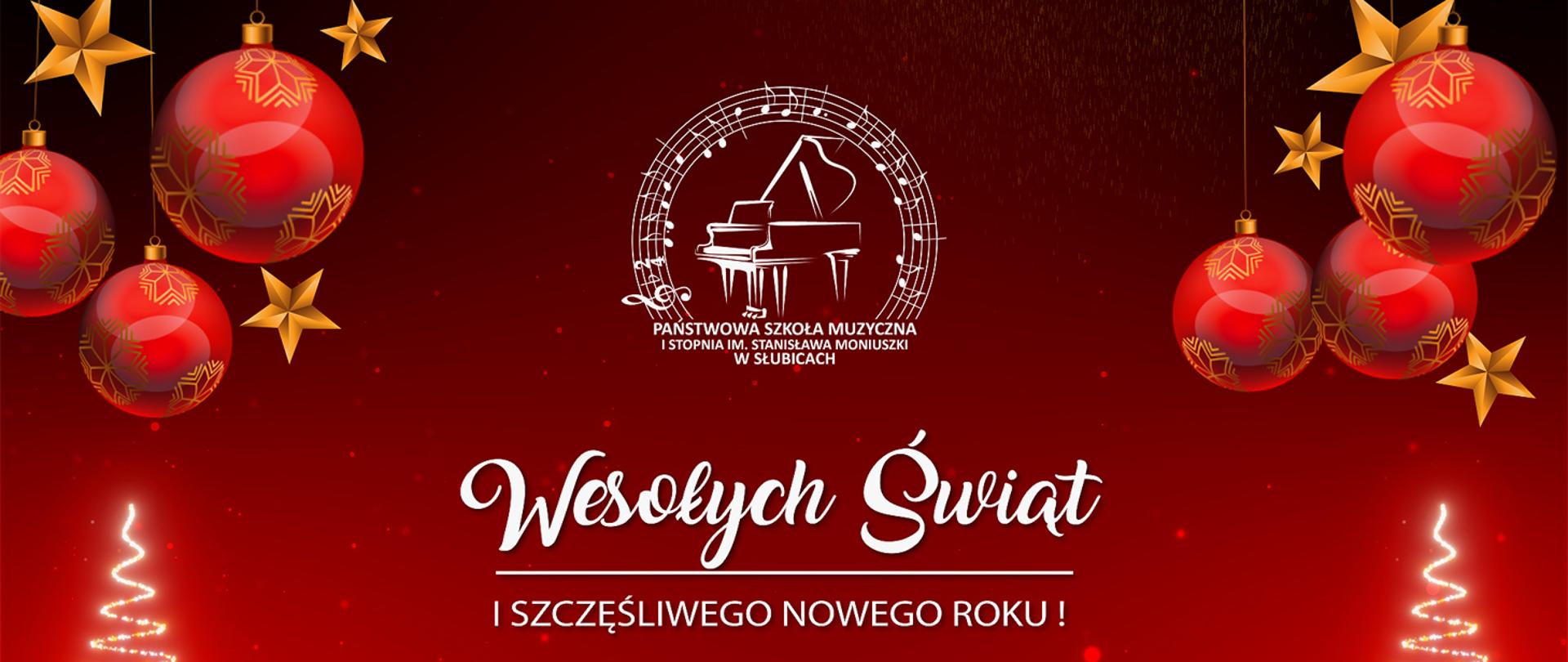 Grafika, na ciemnoczerwnym tle, po środku białe logo szkoły, pod nim napis Wesołych Świąt i szczęśliwego nowego roku, po bokach czerwone bombki choinkowe i złote gwiazdki.